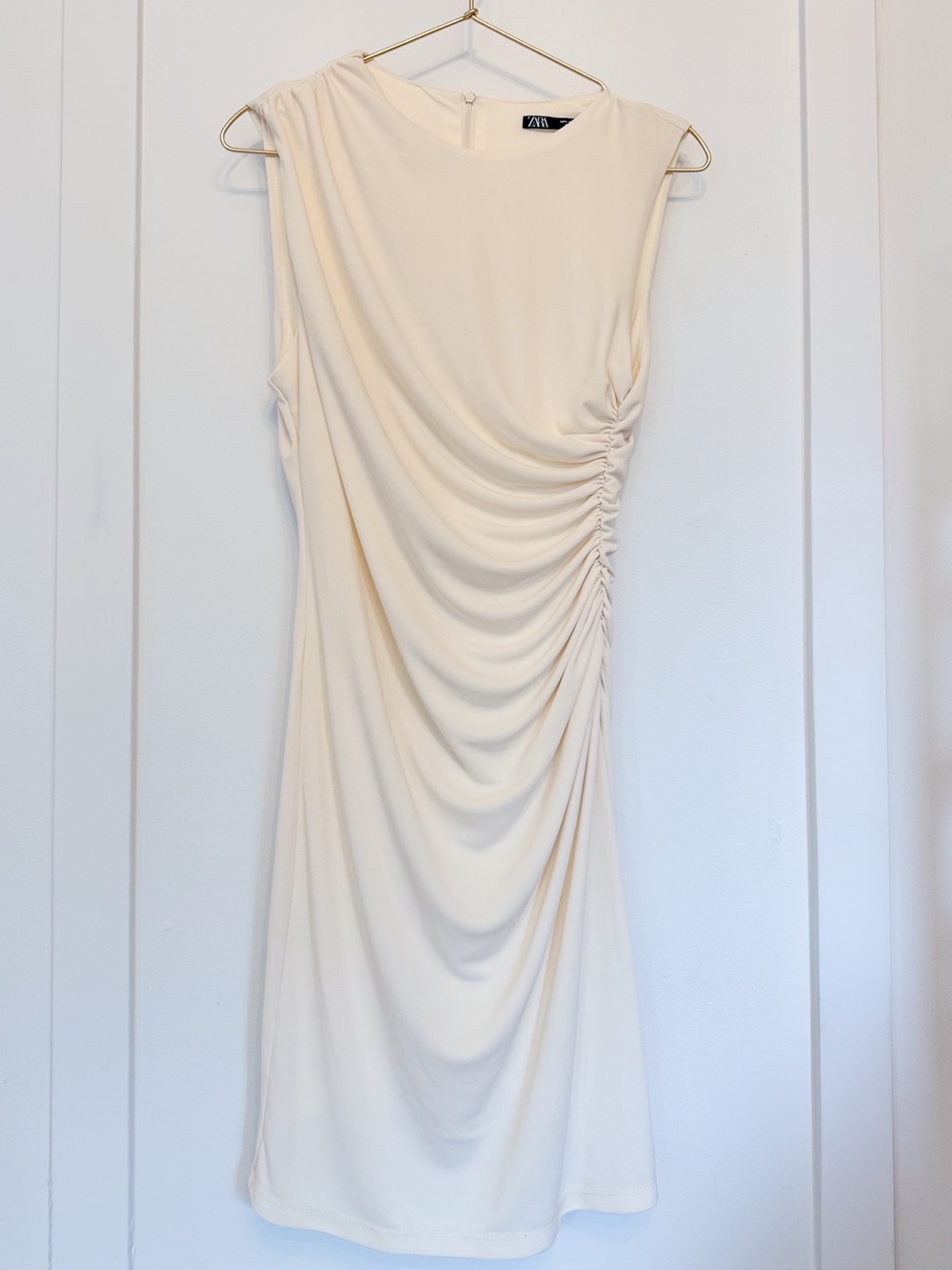 Zara Cream Side-Ruched Sleeveless Midi Dress